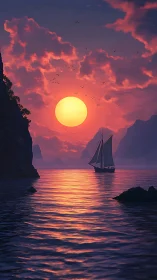 Crimson sunset voyage across mirrored violet waterscape.