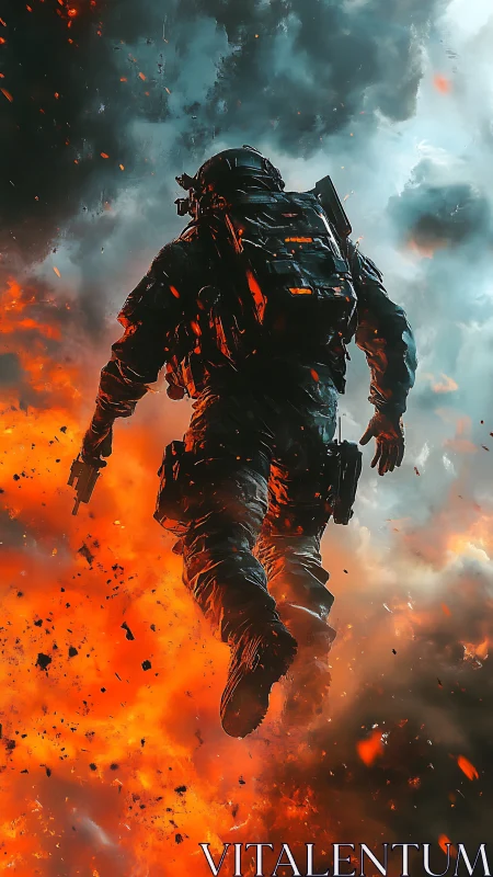 Armored soldier strides through firelit battlefield chaos