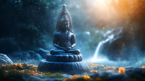 Luminescent stone deity amid volumetric forest mist.