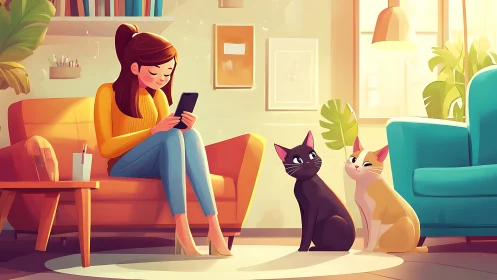 Woman on sofa using phone beside two cats in sunny lounge.