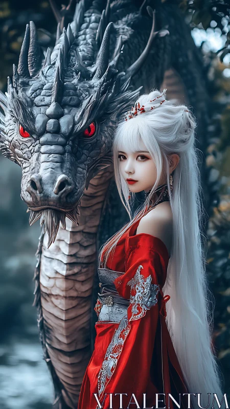 White haired woman in red robe beside armored dragon.