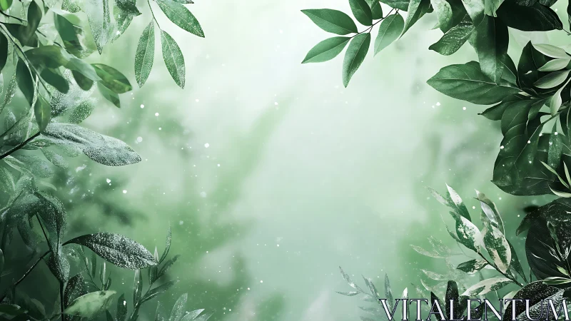 Green leaf frame with dewy foliage on soft bokeh background.