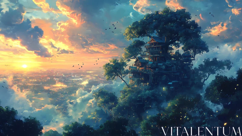 Sunlit sky city cradles a glowing forest treehouse village