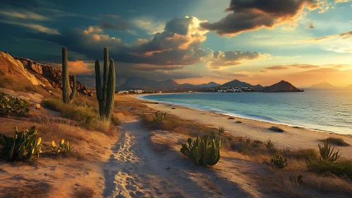 Desert shoreline at sunset with cacti and distant mountains.
