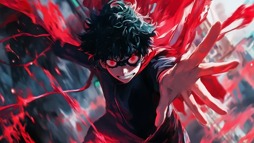 Ferocious anime hero unleashes red energy in full power.