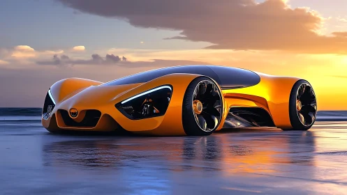 Futuristic orange supercar concept on reflective shoreline at dusk.