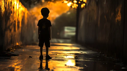 Child silhouette in urban alley under golden sunset glow.