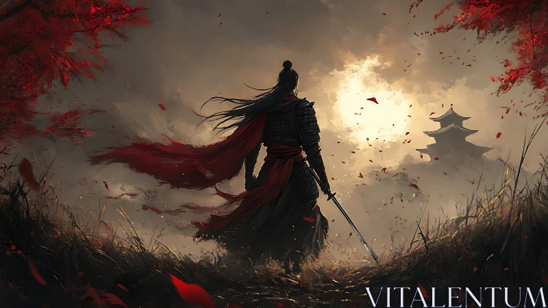 Lone red-clad samurai strides toward a mist-veiled temple.