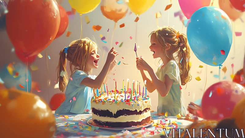 Children celebrating with layered cake and vibrant balloons in luminous interior space.