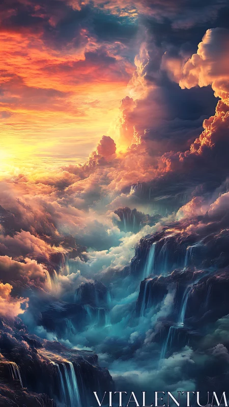 Celestial waterfalls pour through a sky forged in fire.