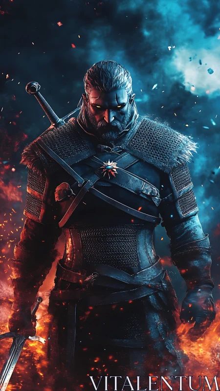 Armored swordsman stands amid blue smoke and orange embers