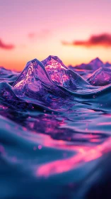 Iridescent digital waves shimmer under a neon sunset sky