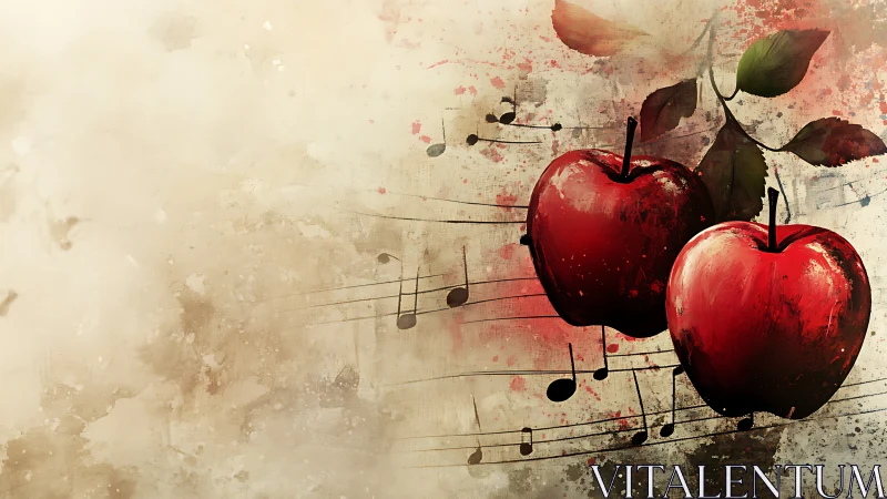 Lively red apples dancing with floating musical notes.