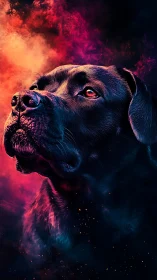 Loyal black dog glowing against vibrant cosmic clouds.