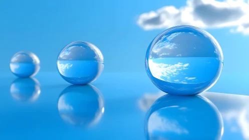 Three reflective glass spheres render a hyperreal skyscape
