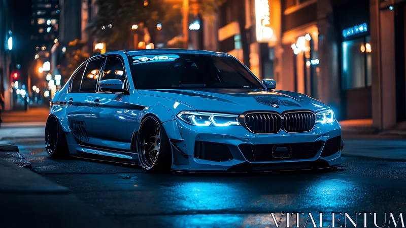 Modified BMW sedan parked on wet city street at night.