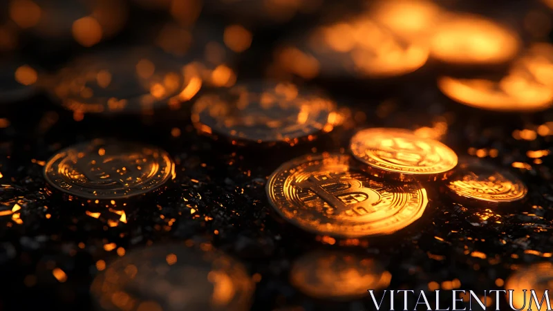 Shiny Bitcoin Coins on Dark Surface, Warm Golden Lighting.