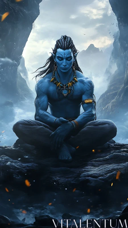 Blue meditative deity rendered in dramatic atmospheric digital art