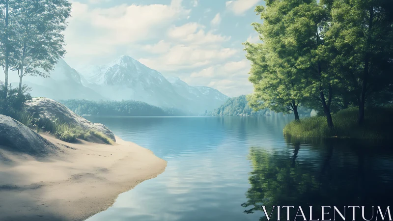 Photorealistic alpine lakeshore with trees and distant mountains.