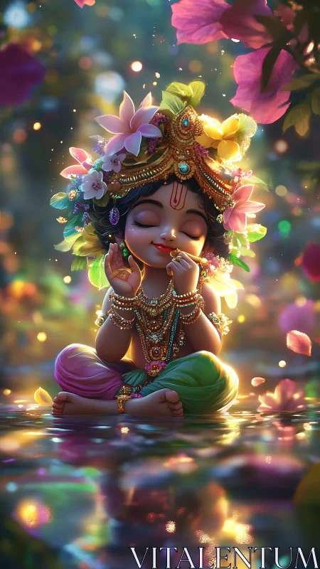 Gentle child deity in jeweled bloom-lit forest stillness.