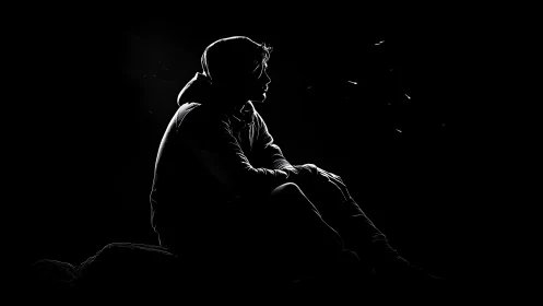 Silhouette portrait isolates hooded figure in deep shadow.
