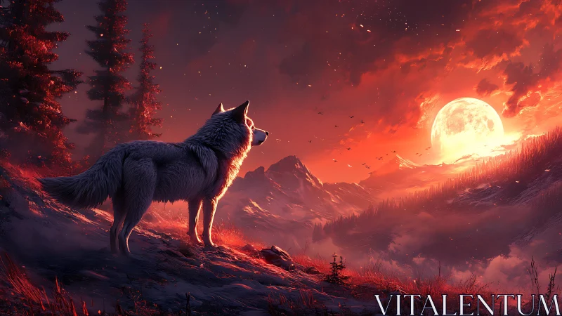 Lone wolf watches a blazing crimson moon over misty peaks