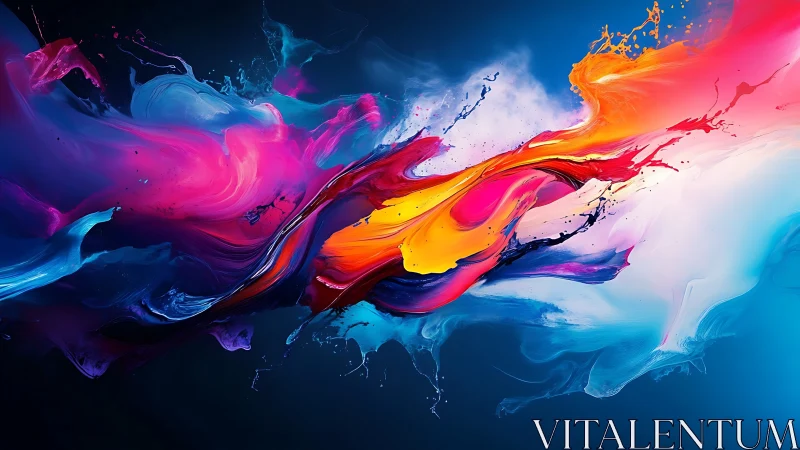 Fluid abstract color splash across deep blue field.