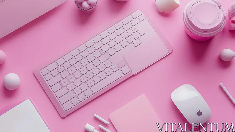 Monochrome pink workspace with keyboard, mouse, and tech gear.