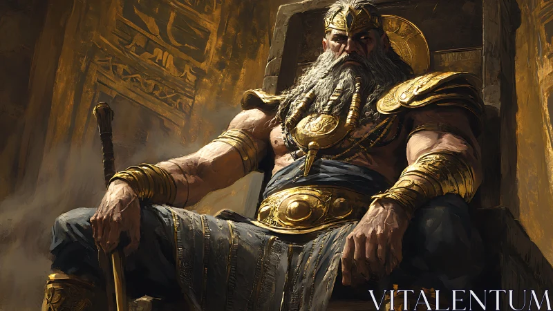 Armored warrior king seated on gilded throne in chiaroscuro light