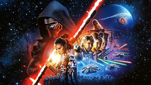 Epic space saga gathering heroes, villains, and bright sabers.