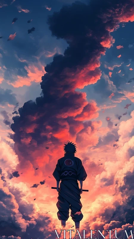 Solitary anime swordsman under incandescent cumulonimbus column.