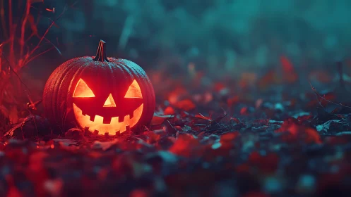 Glowing jack o lantern rests on damp autumn forest floor