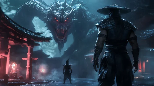 Warrior confronts colossal dragon amid burning temple ruins