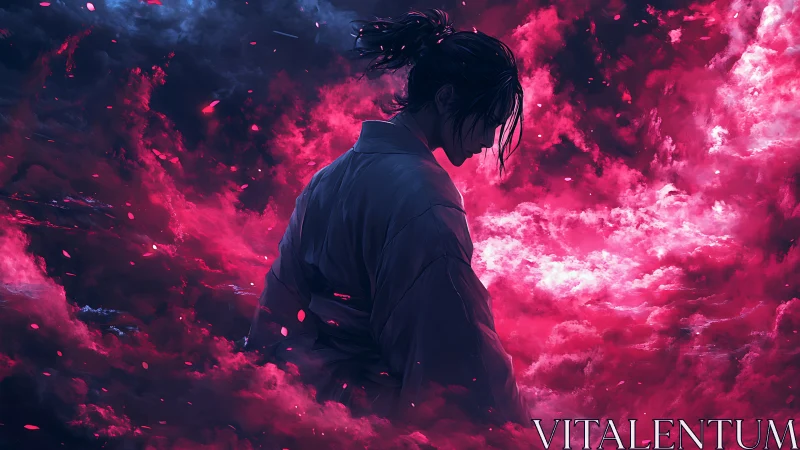 Storm of crimson clouds surrounds a quiet lone warrior soul