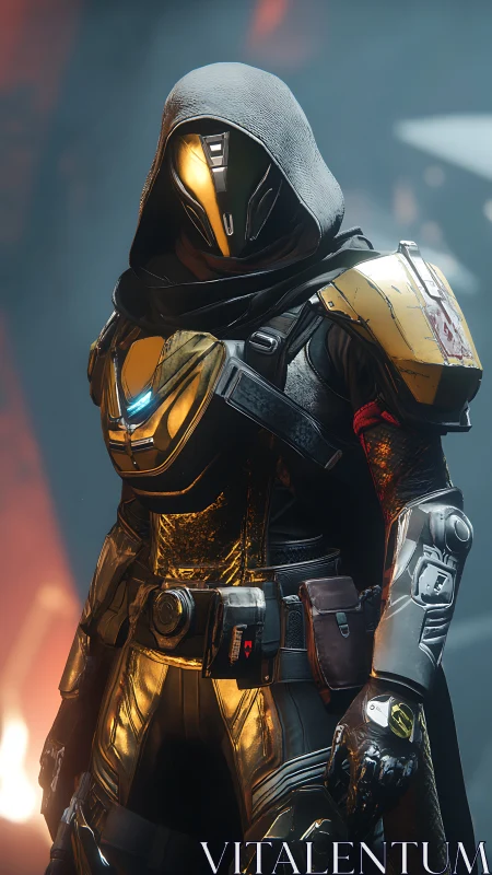 Hooded sci fi sentinel in gold armored exosuit portrait.