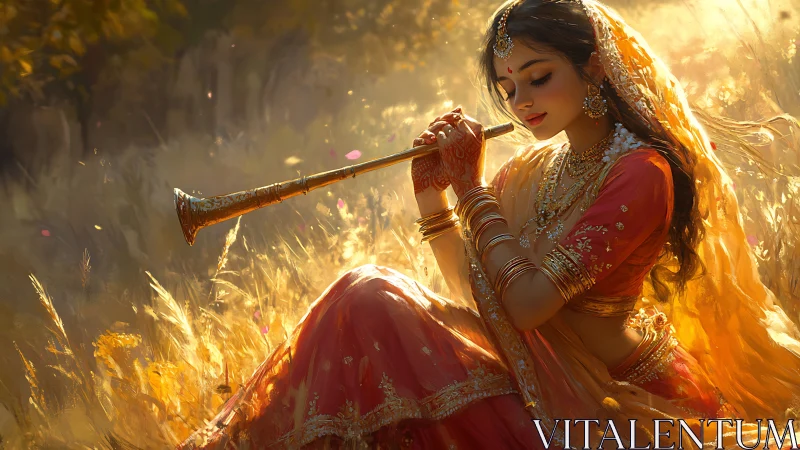 Digital painting of Indian woman with flute in golden meadow
