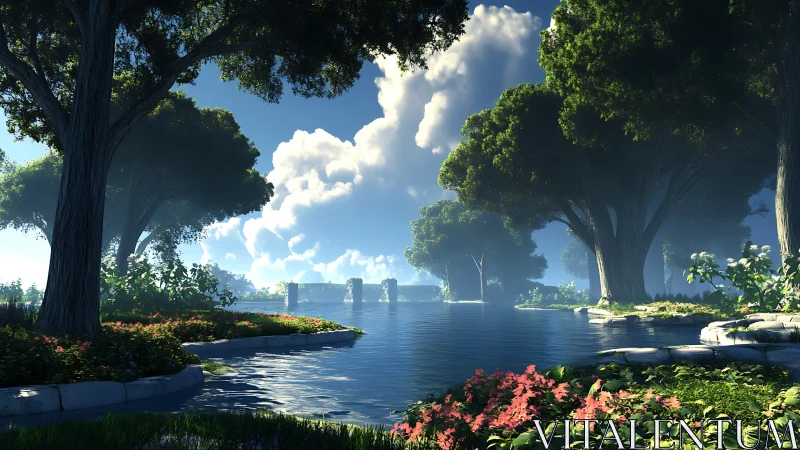 Sunlit forest lake reflects sculpted clouds and foliage.