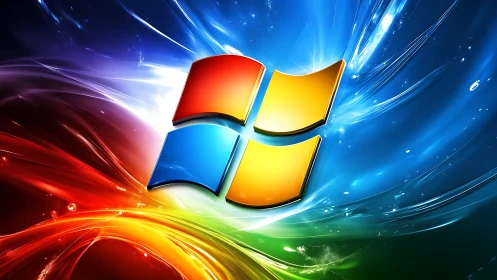 Windows-style multicolor logo on dynamic light burst background.