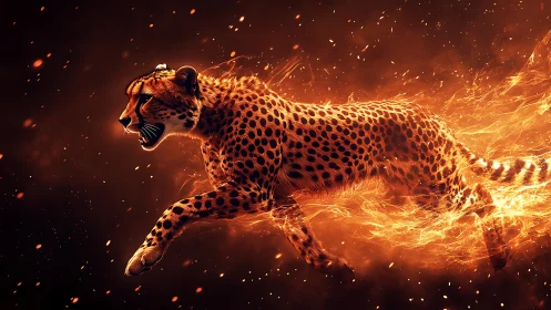 Flaming sprint of a digital cheetah in ember-scorched night.
