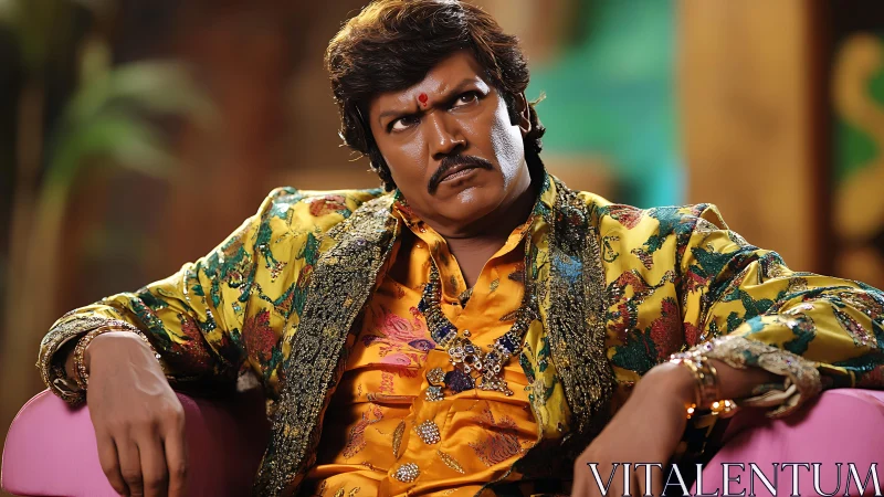 Gold-clad daydreamer stares upward in glittering defiance