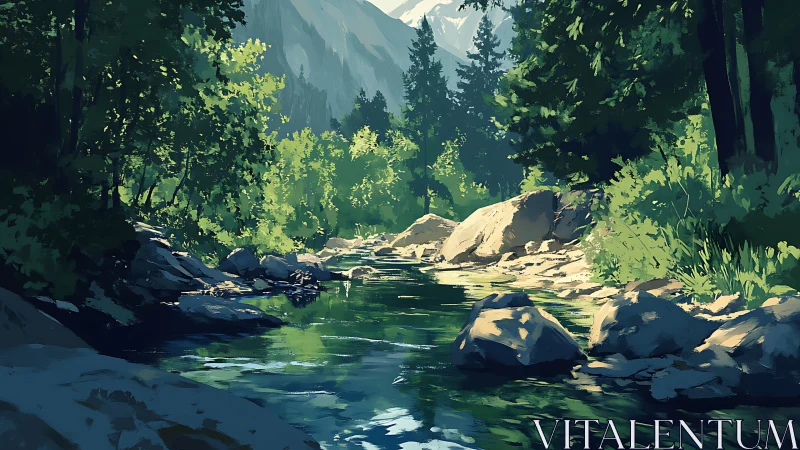 Sunlit forest river beneath distant snowcapped peaks.
