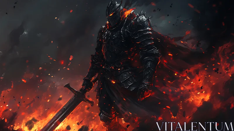 Armored dark knight with flaming sword in inferno field.