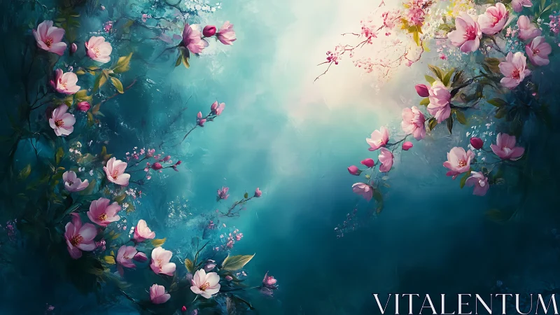 Pink Blossoms Drift Through Turquoise Dreams