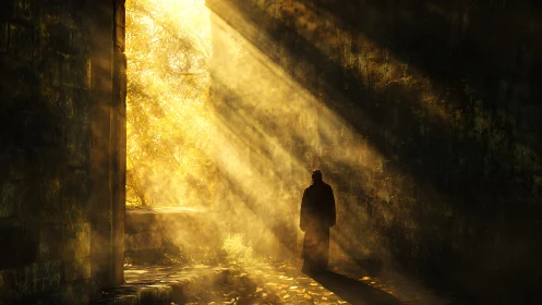 Solitary figure stands in golden light shaft within ruin