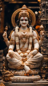 Marble deity statue sits cross-legged with gold ornaments