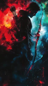 Digital painting silhouette archer in split-spectrum nebula field.