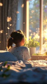 Child on bed facing sunlit window with indoor plants.