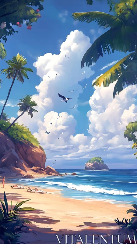 Tropical Beach Scene with Clouds and Island Formations