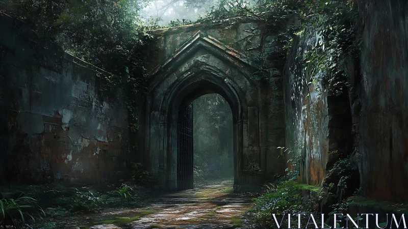 Overgrown gothic stone gateway channels diffuse forest light