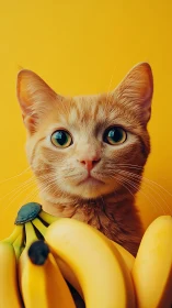 Ginger Cat Holding Bananas Against Yellow Background.